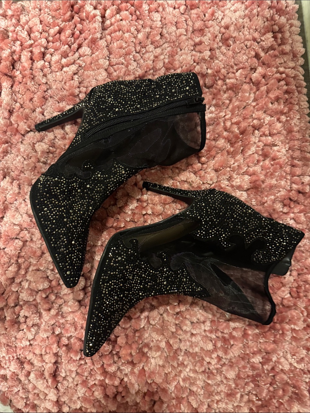 Thalia Sodi Black Crystal Mesh Pointed Toe Ankle Boots